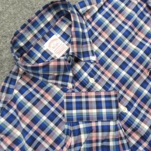 Brooks Brothers Shirt Mens Large Madison Fit Plaid Blue Pink White Supima Cotton